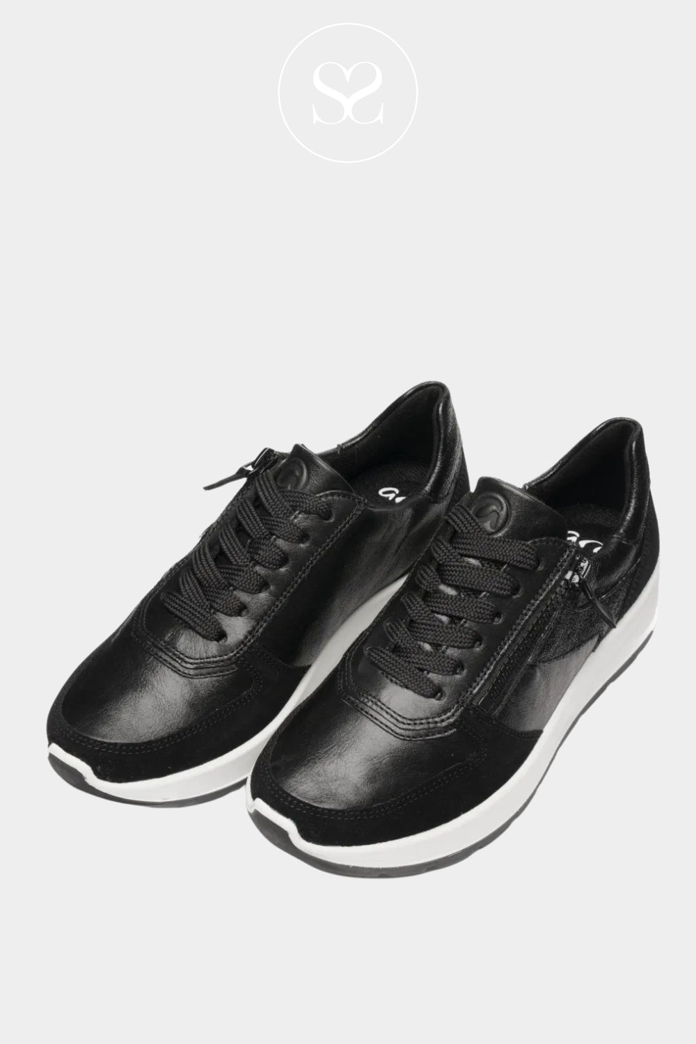 ARA BLACK LEATHER WEDGE SNEAKERS WITH LACES AND SIDE ZIP 12-25112