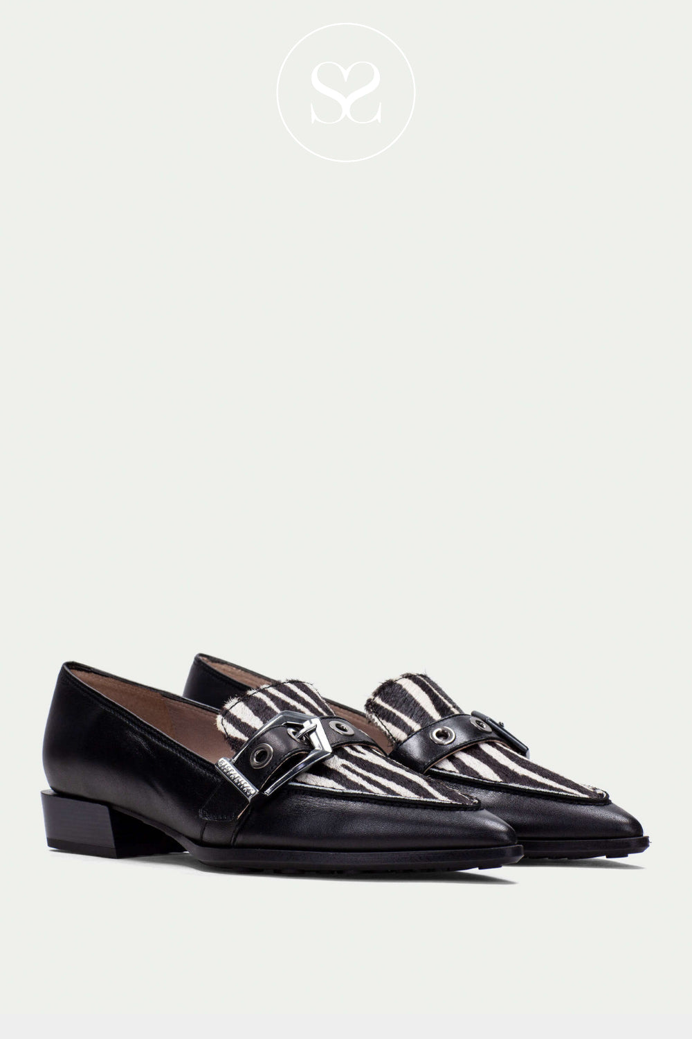 HISPANITAS BLACK AND ZEBRA PRINT SHOES WITH SILVER STATEMENT BUCKLE