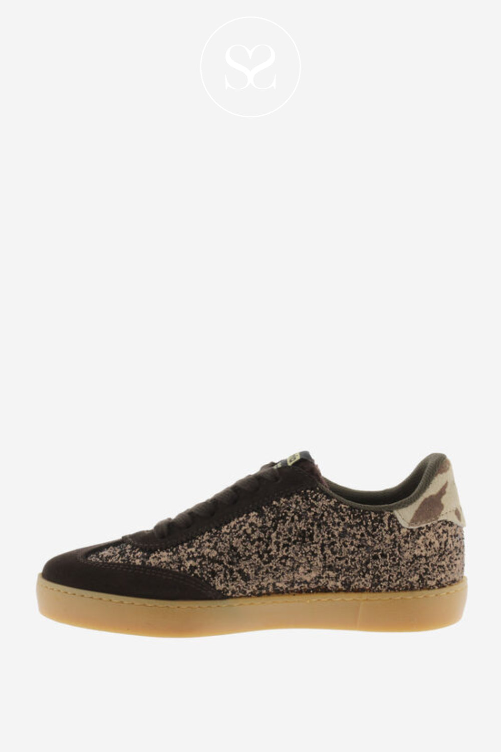 Victoria brown trainers featuring shimmering textured panels, tonal suede overlays and the brand’s signature side logo.