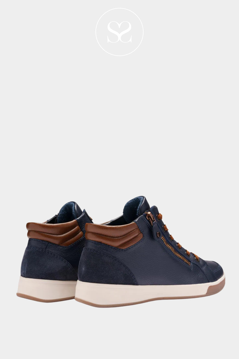 Pair of navy high-top sneakers with brown accents on a white background from Ara in Ireland