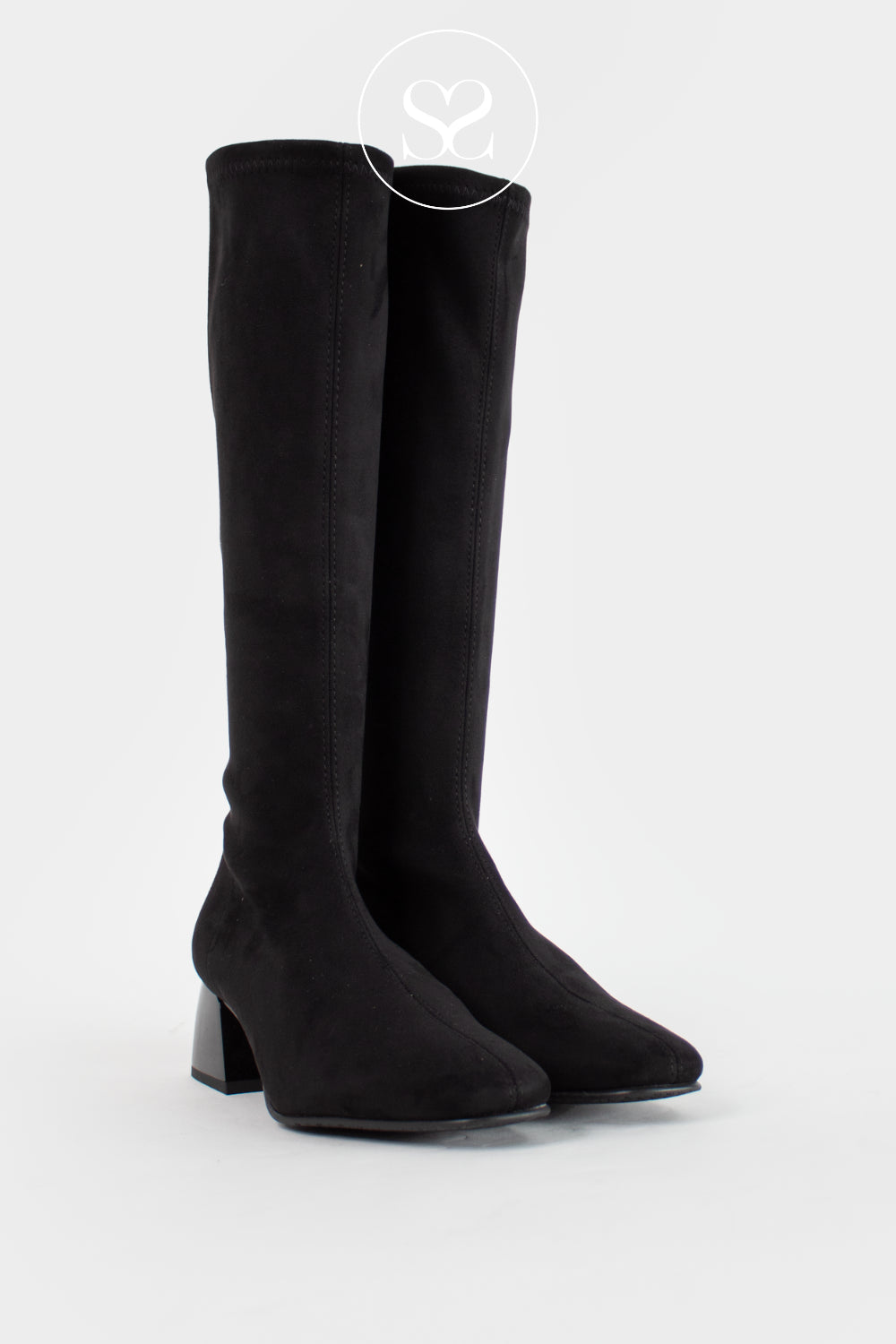 Miss Elastic Black Suede Knee High Sock Boots - 78663