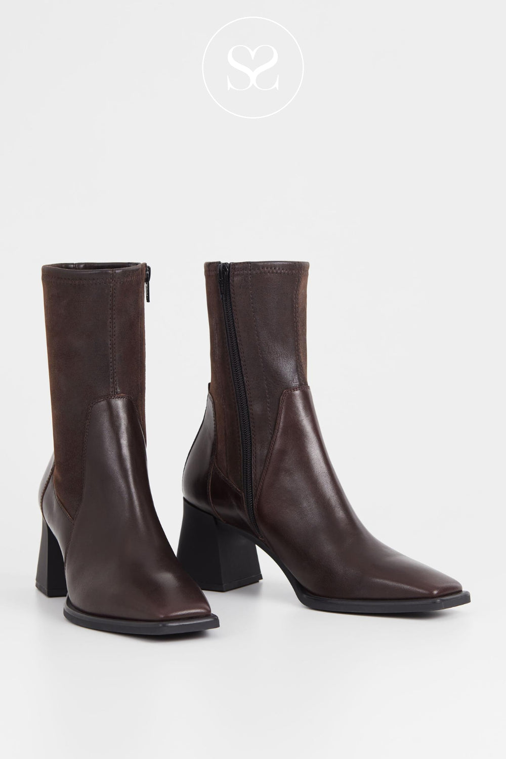 Squared toe brown leather sock boots from Vagabond with block heel