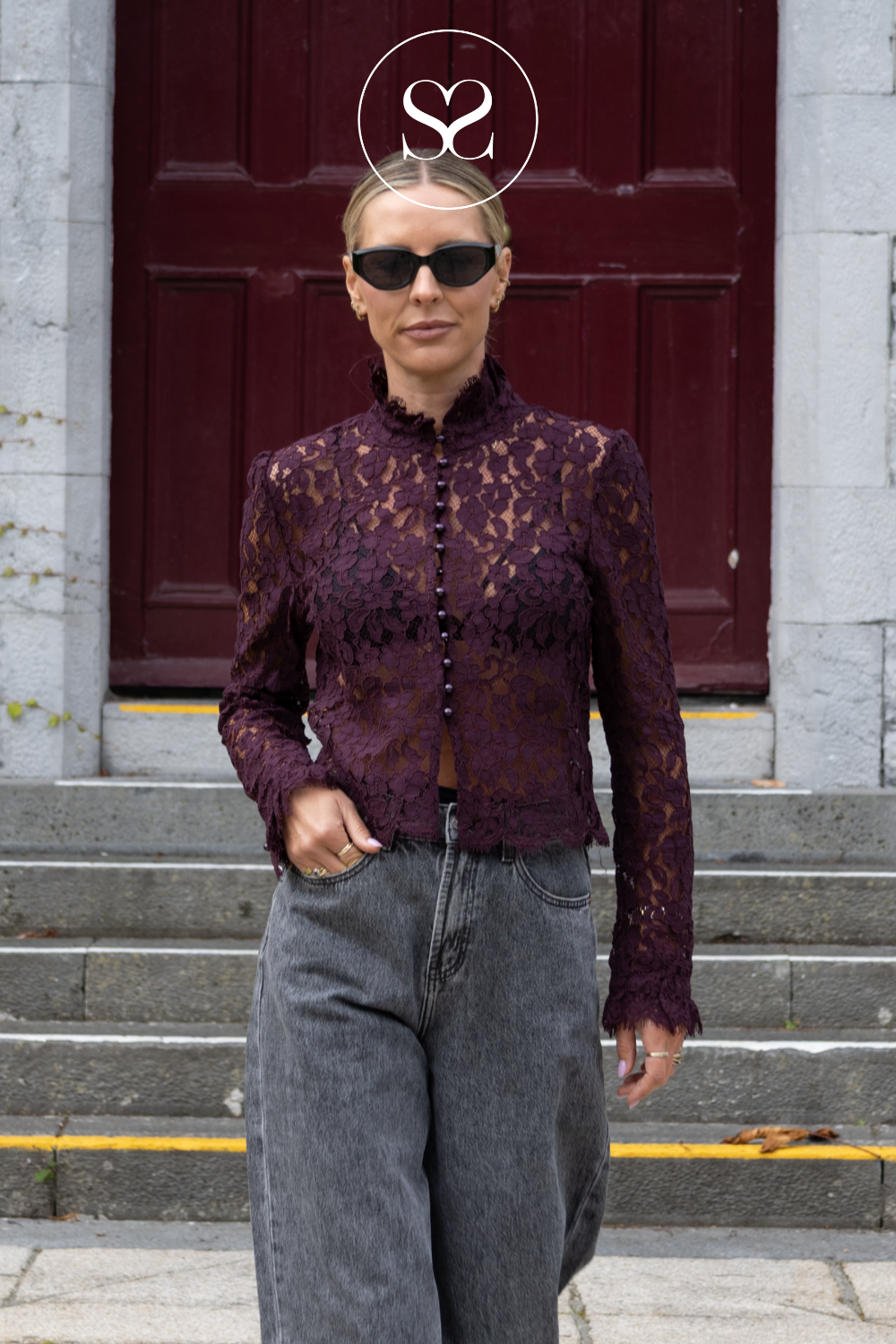 Burgundy Lace Blouse with Jewel Buttons — 81085