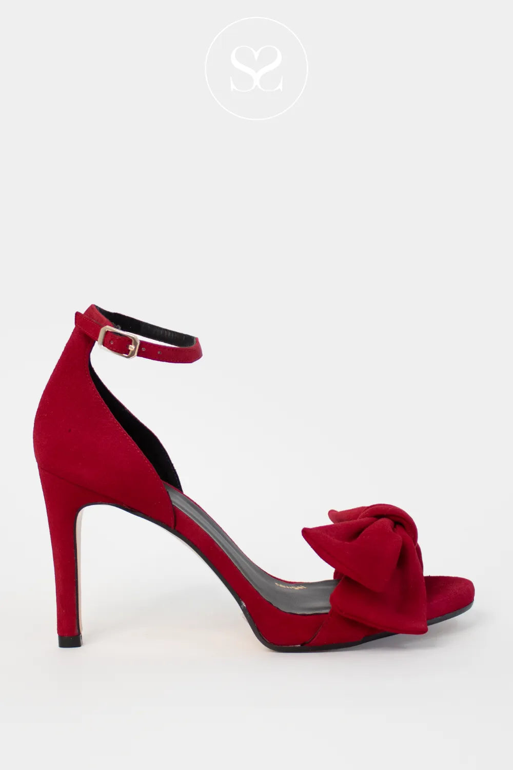 LODI RED SUEDE HIGH BLOCK HEEL BOW DETAIL ANKLE STRAP SANDALS INGAL