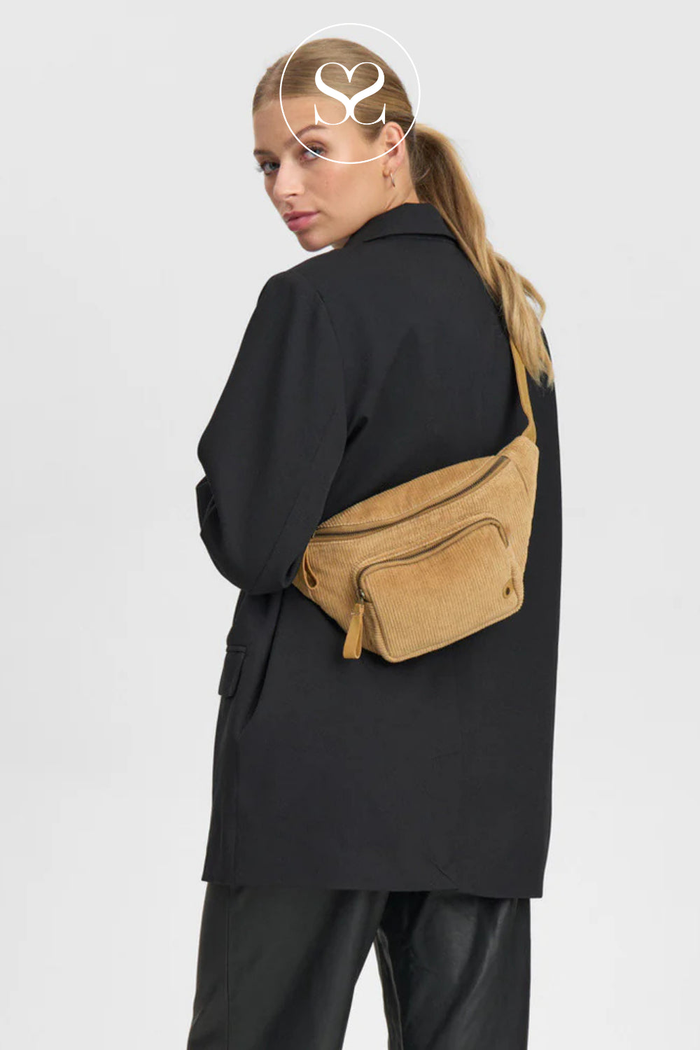 Woman wearing Depeche - Beige Corduroy Crossbody Bum Bag - 16712