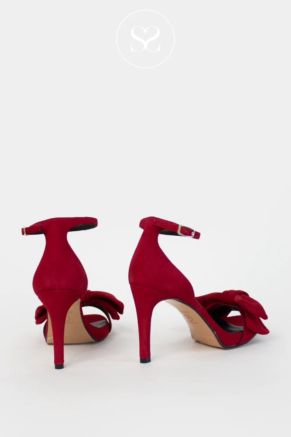 LODI RED SUEDE HIGH BLOCK HEEL BOW DETAIL ANKLE STRAP SANDALS INGAL