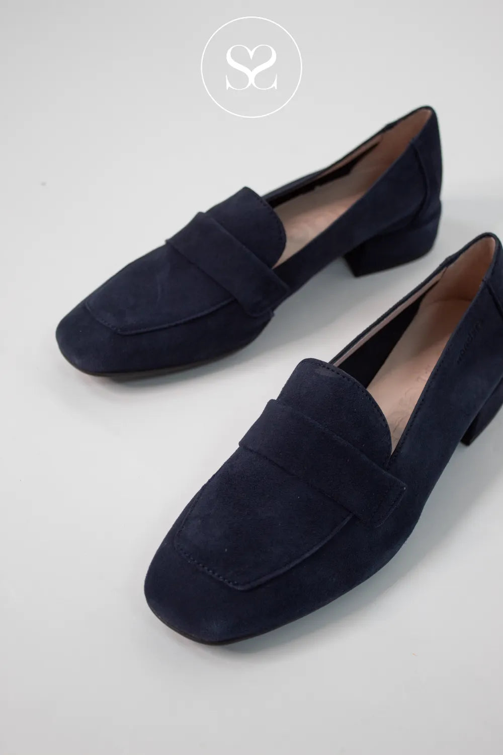 Wonders Navy Suede Block Heel Loafers C-5020 Comfortable low block heel