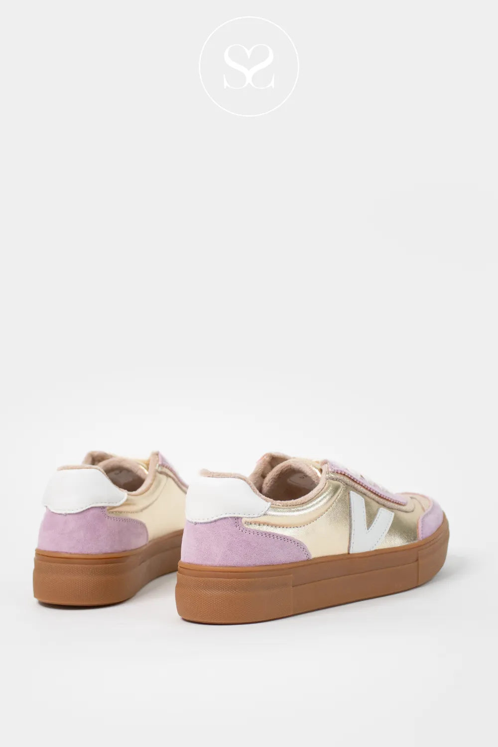 Drilleys Gold (Golden Musk) Platform Trainers For Women -Eighty gold platform trainers with white cap heel detail and pink faux suede detail