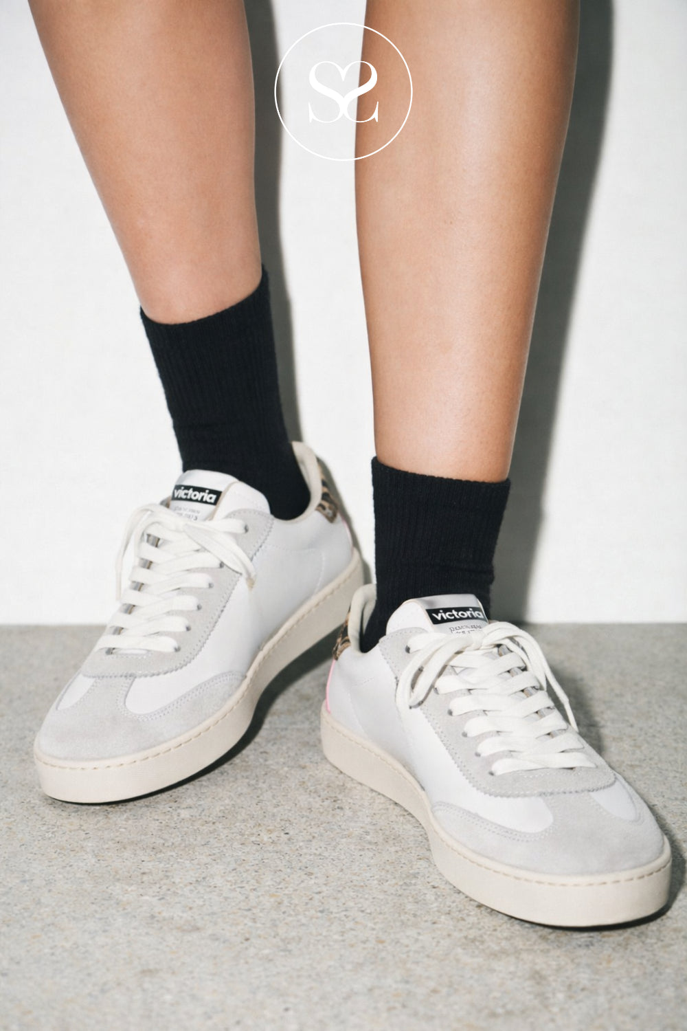 Woman wearing Victoria White, Leopard & Silver Trainers 1126209