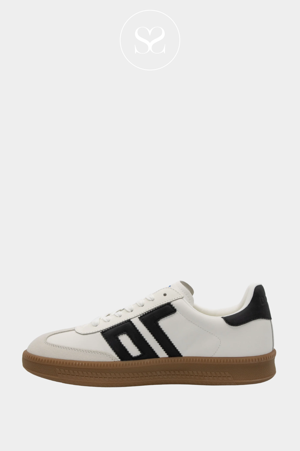 Retro sneakers with white and black and gum sole.