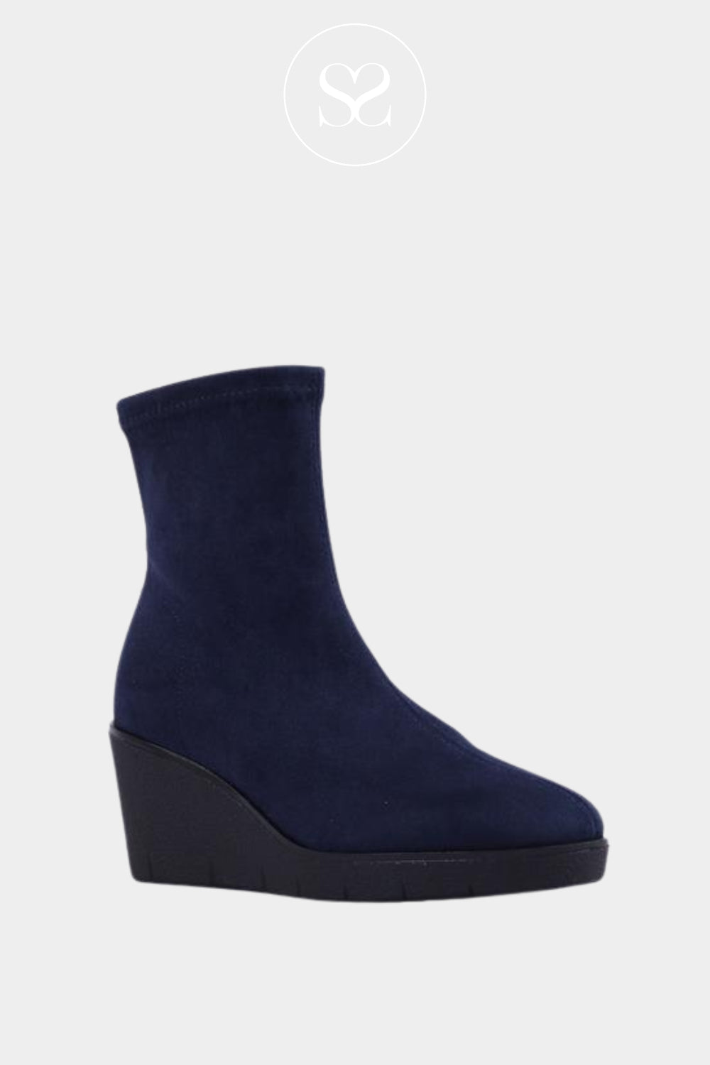 MISS ELASTIC NAVY SUEDE WEDGE SOCK BOOTS 76194