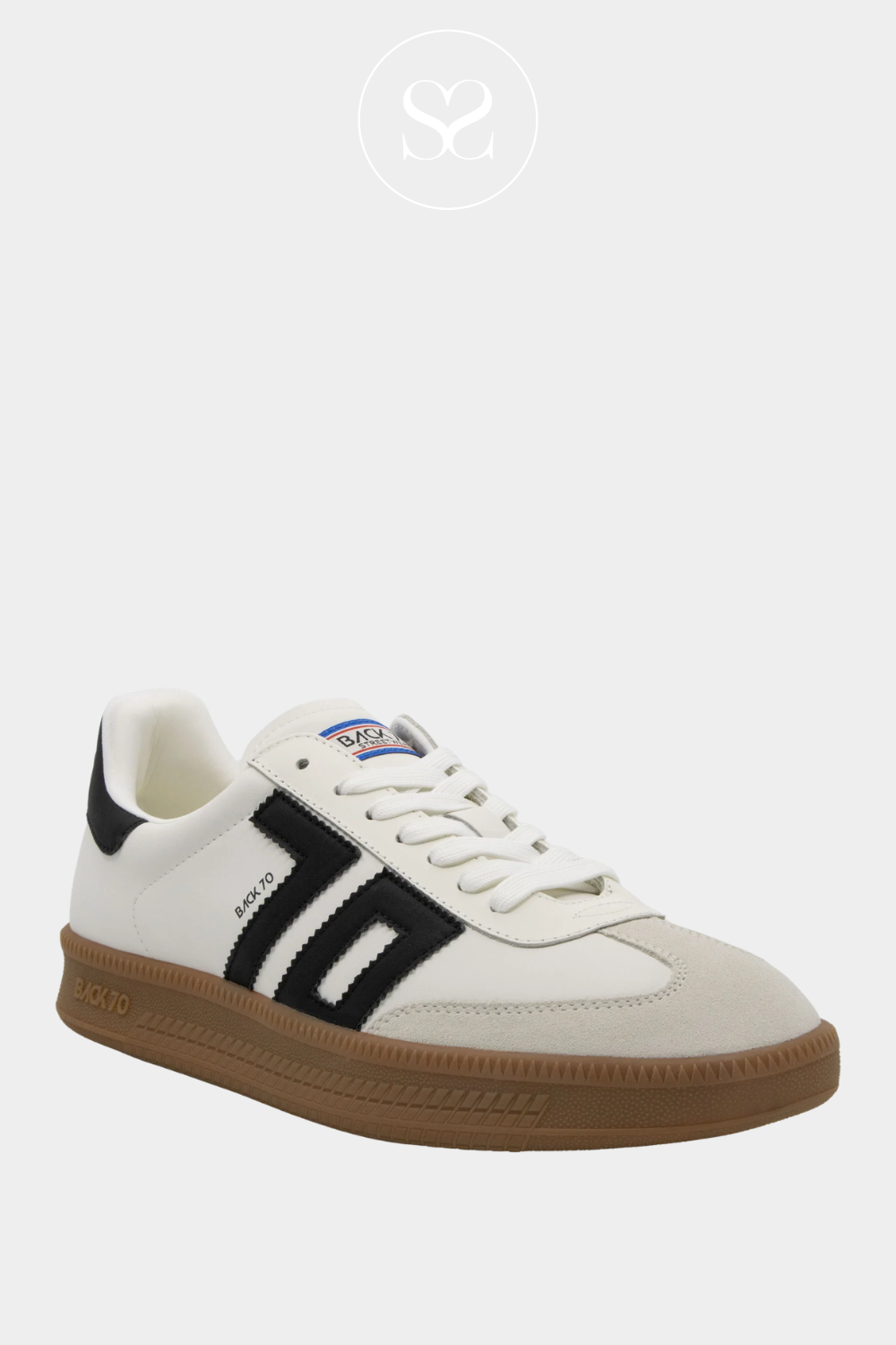 Back 70 white leather trainers with black 70 logo and grey suede toe cap. Gum sole sneaker with laces.