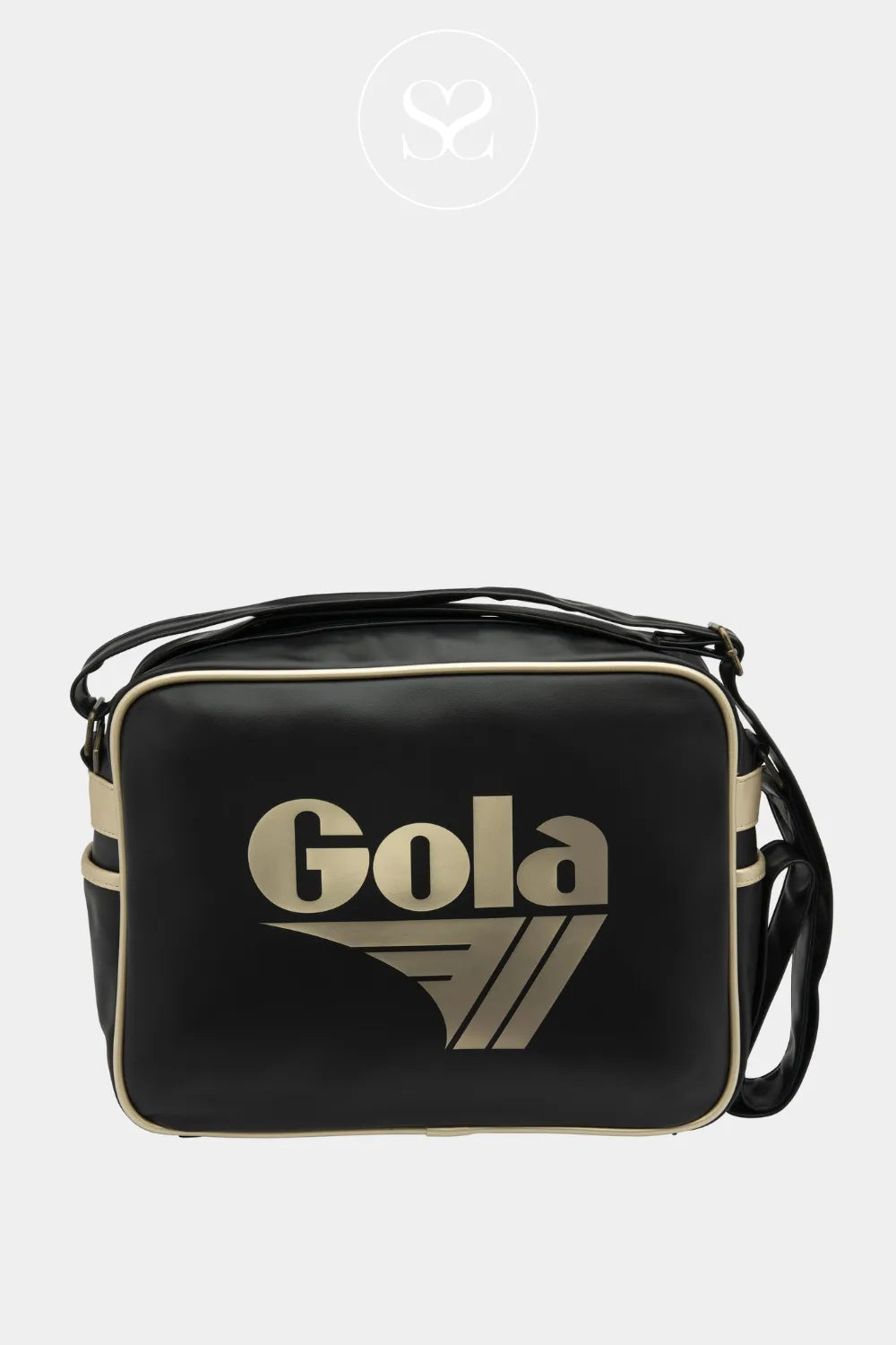 GOLA BLACK/GOLD LEATHER RETRO CROSSBODY BAG REDFORD FOR WOMEN WITH SIDE POCKETS AND ADJUSTABLE STRAP