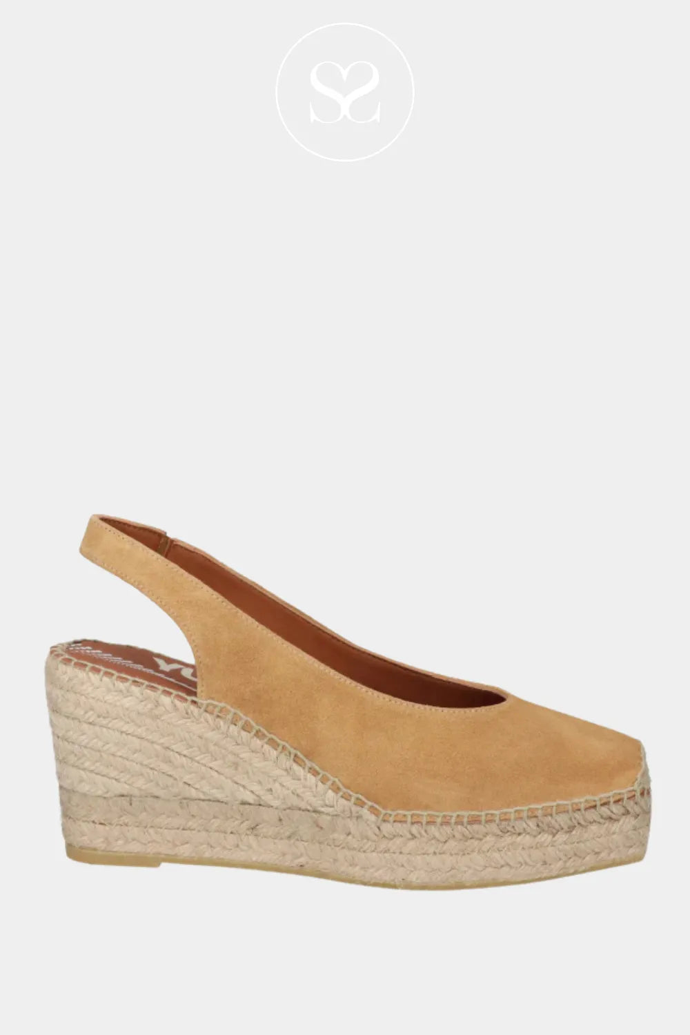 Viguera tan suede wedge espadrille sandals. Closed toe. Square toe. Summer wedge sandals