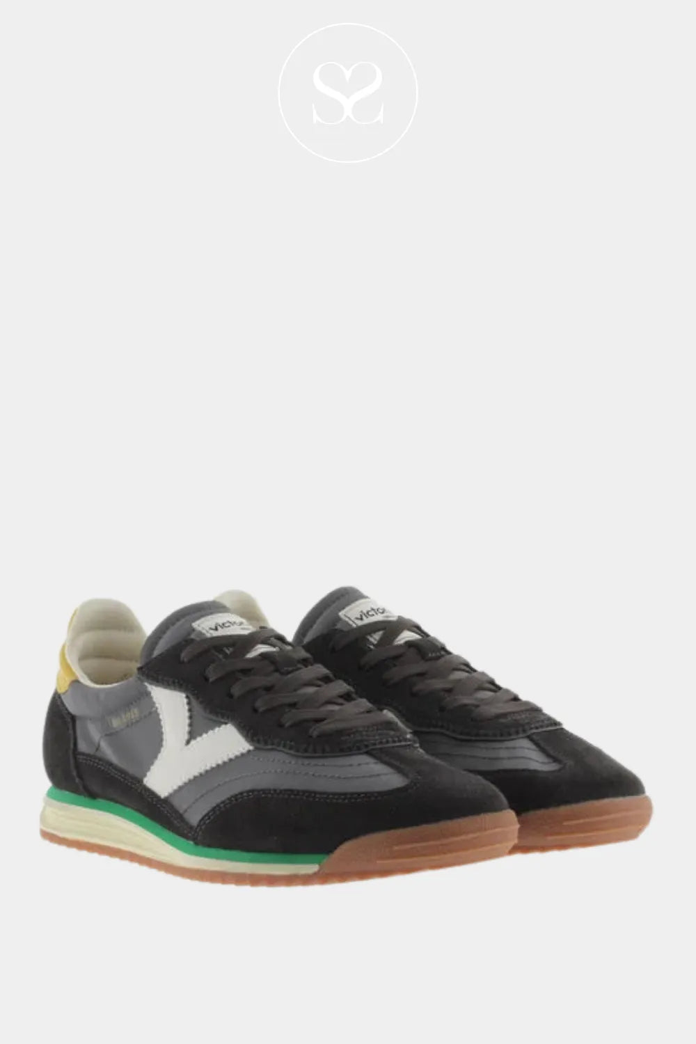 VICTORIA PEWTER TRAINERS FOR WOMEN 1158100 GUM SOLE LACE UP TRAINERS WITH YELLOW SUEDE HEEL DETAIL