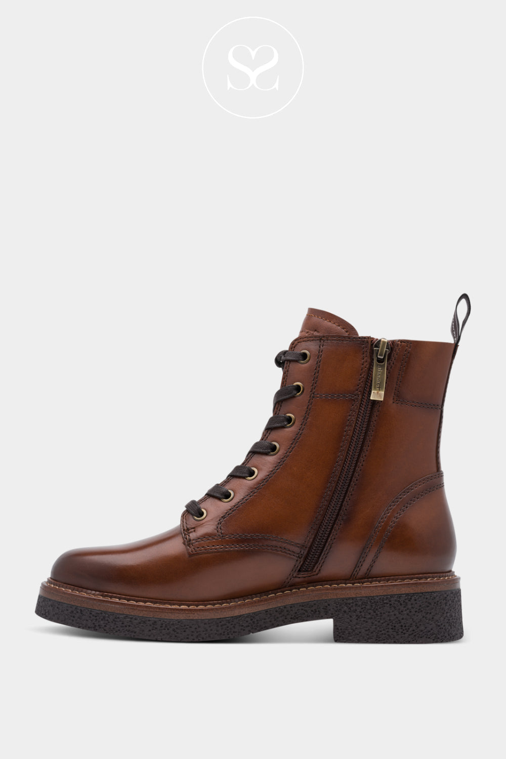 Brown leather combat boot with a zipper for women in Ireland
