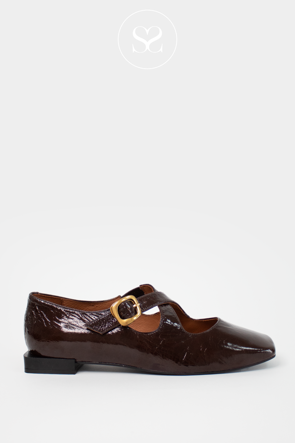 ANGEL ALARCON BROWN PATENT LOW BLOCK HEEL SQUARE TOE SHOES MAIA