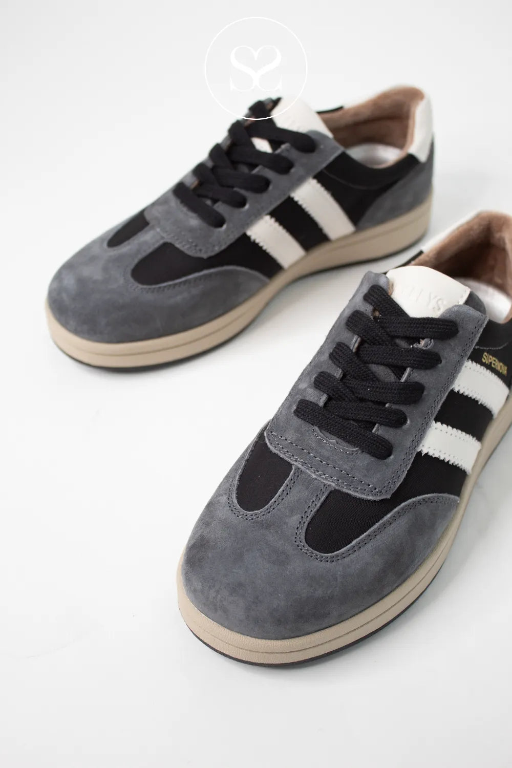 DRILLEYS GREY (MIDNIGHT SKY) FLATFORM TRAINERS - FORTY ONE SNEAKERS FOR WOMEN WITH GREY SUEDE TOE CAP DETAIL AND BLACK LACES FOR CLOSURE
