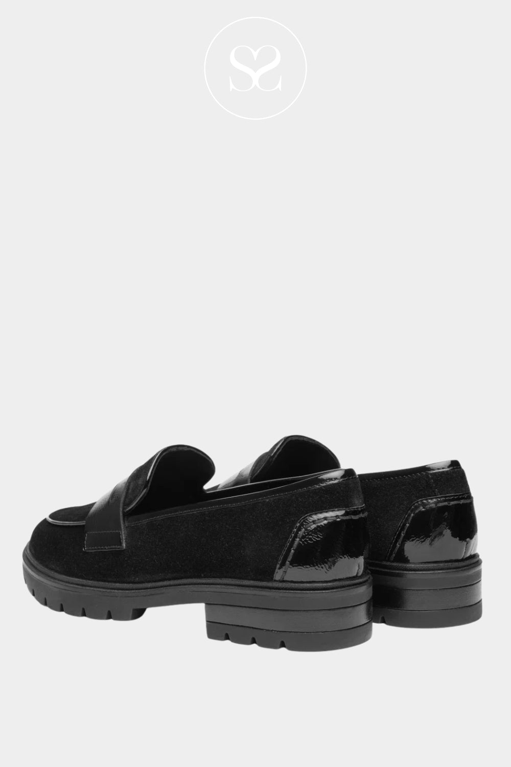 Black workwear loafers with patent detailing, ideal for office outfits, tailored trousers and polished everyday styling - Ireland