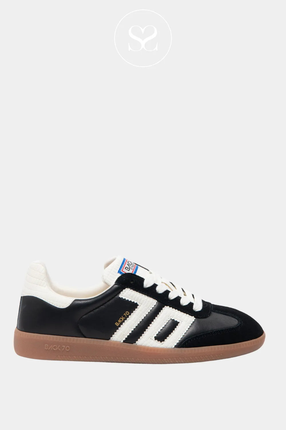 BACK70 BLACK LEATHER LOW PROFILE TRAINERS CLOUD N24 FOR WOMEN WITH GUM SOLE AND SIGNATURE '70' LOGO IN WHITE