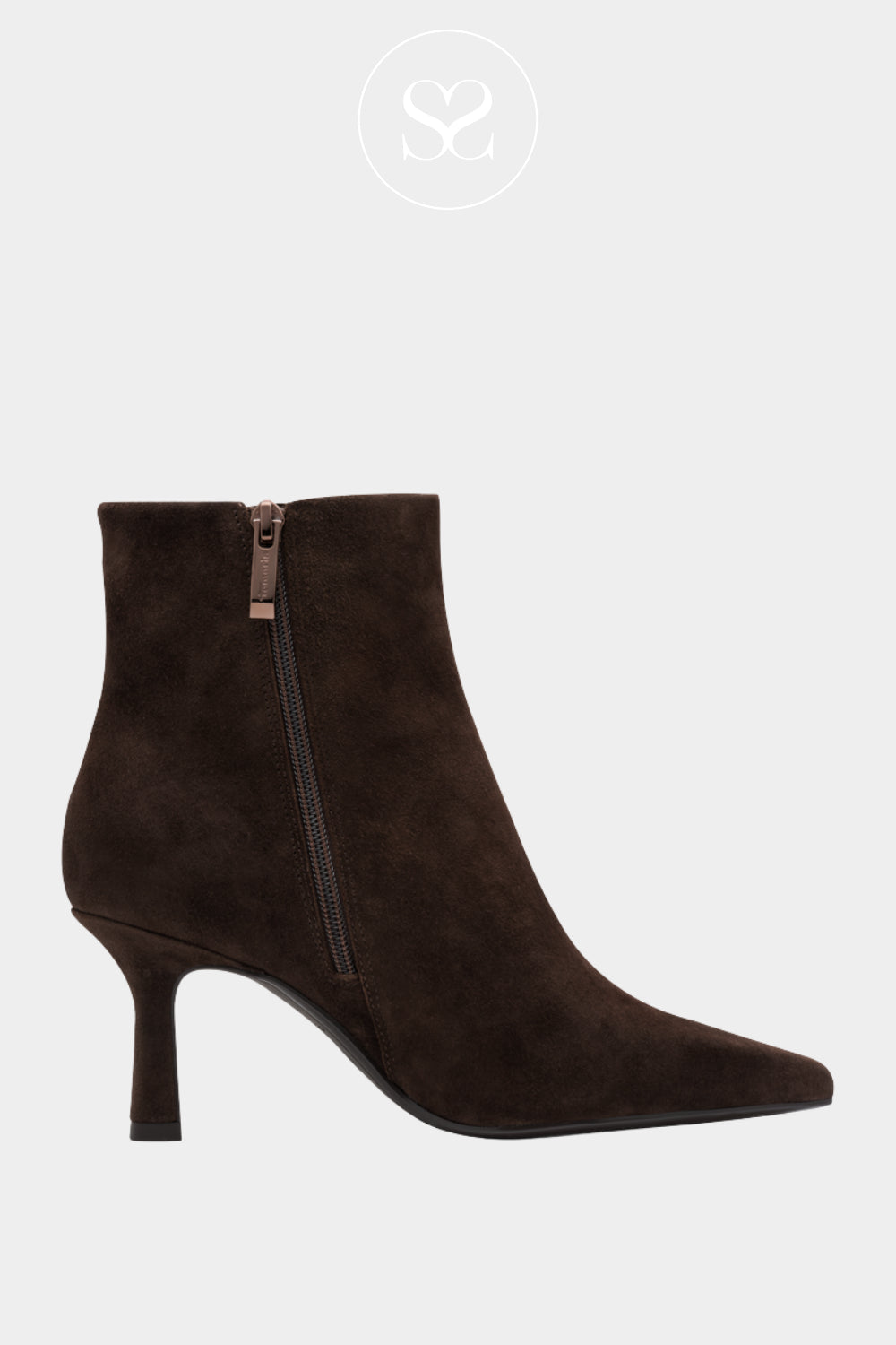 Brown suede pointed toe ankle boots