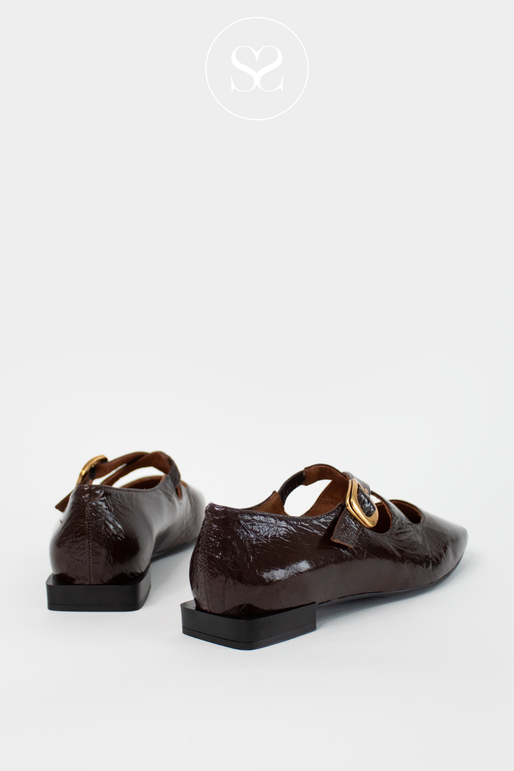 ANGEL ALARCON BROWN PATENT LOW BLOCK HEEL SQUARE TOE SHOES MAIA