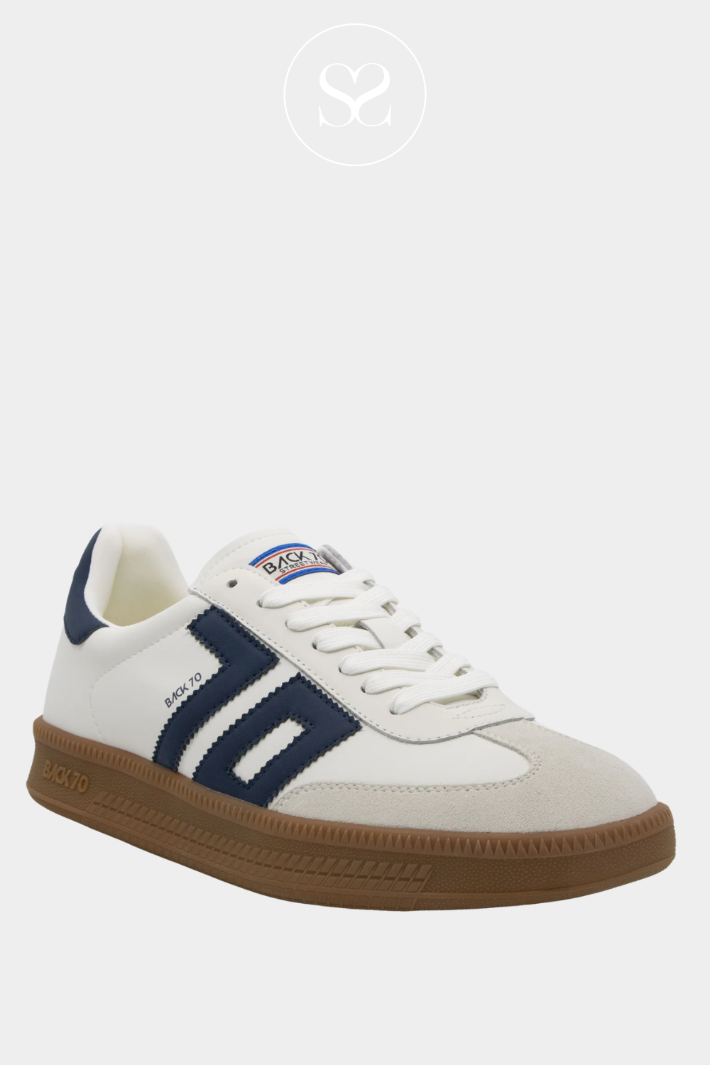 White and navy trainers. Everyday retro style. Laces and suede toe cap. Gum sole. Flatform chunky sole trainers.