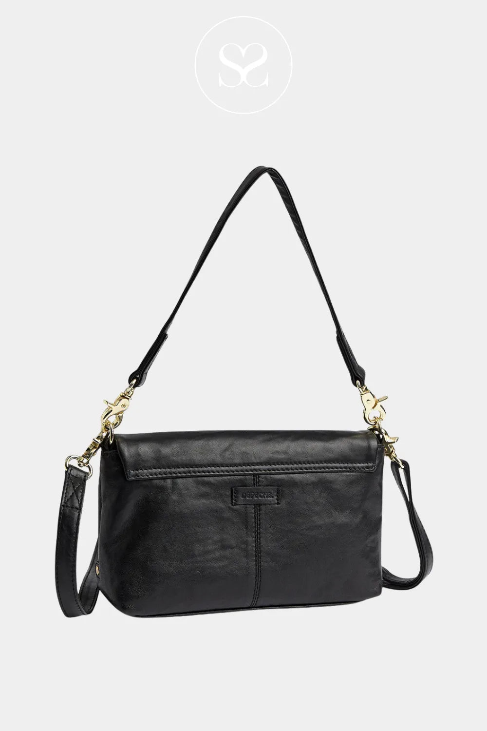 Depeche 17056 black leather crossbody bag with gold hardware and front zip and long strap