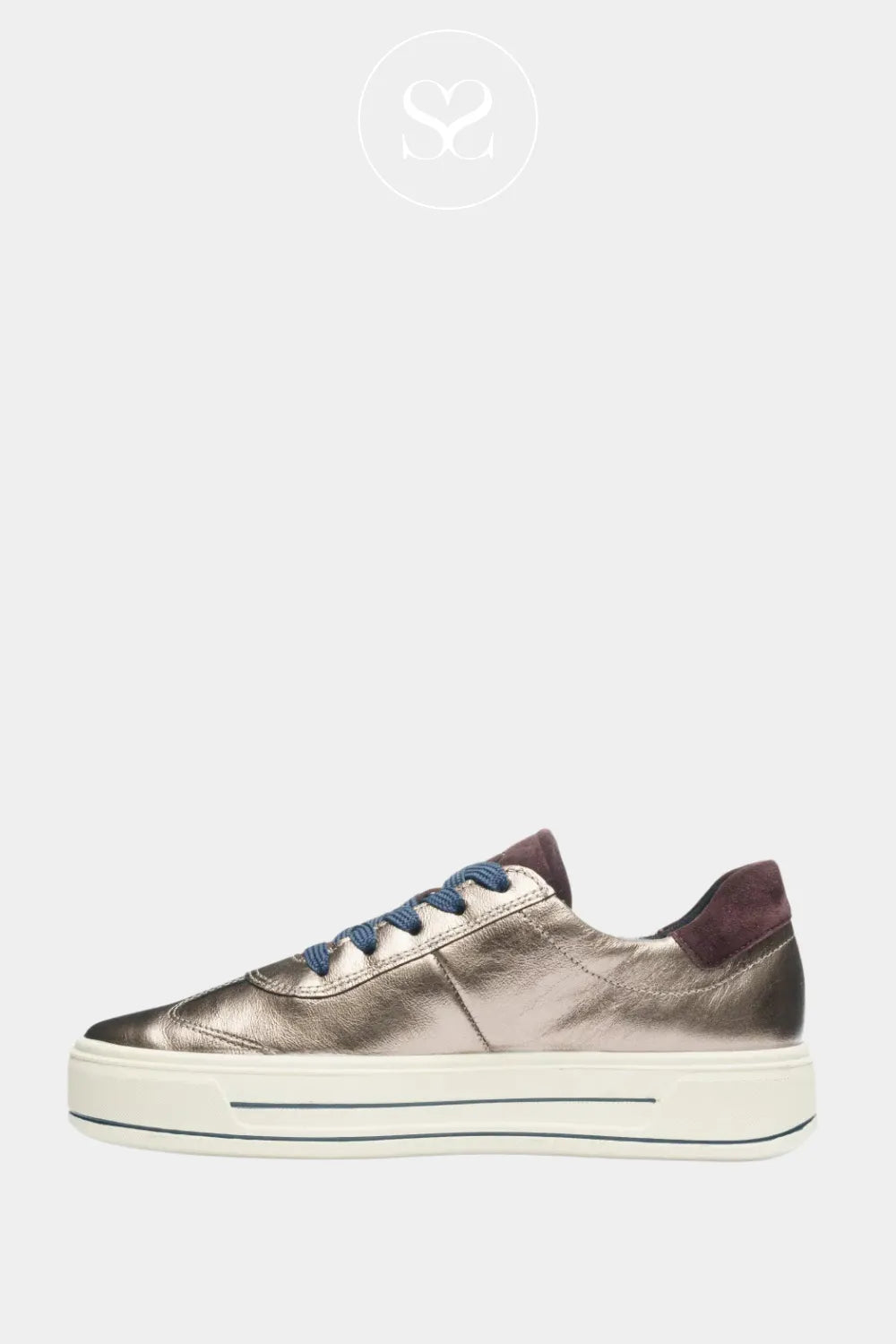 ARA BRONZE LEATHER FLATFORM LACE UP TRAINERS 12-23012-05 WITH CHUNKY WHITE SOLE WITH NAVY DETAIL