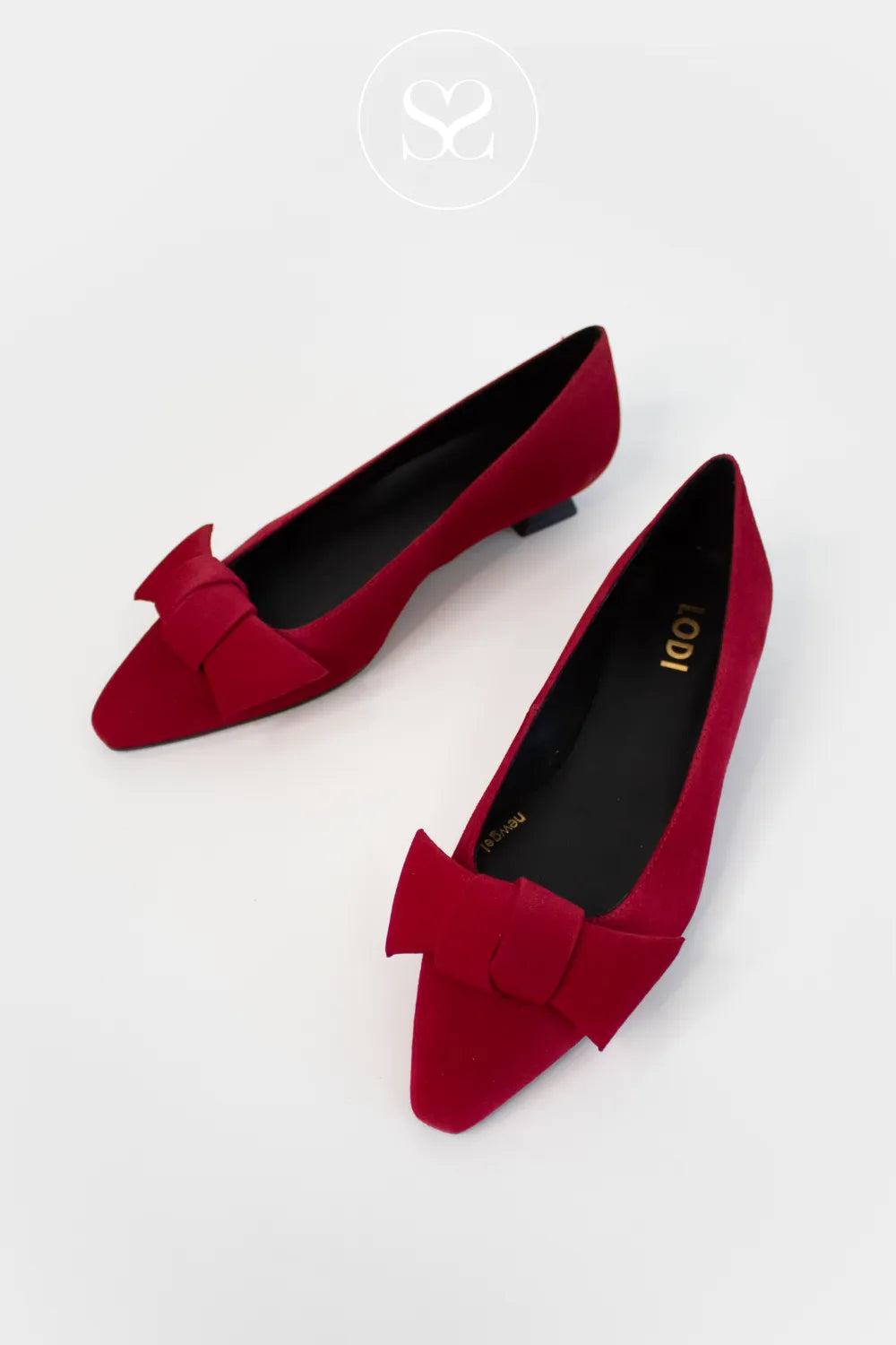 LODI Low heel red suede occasion shoe with bow detail. BED5527