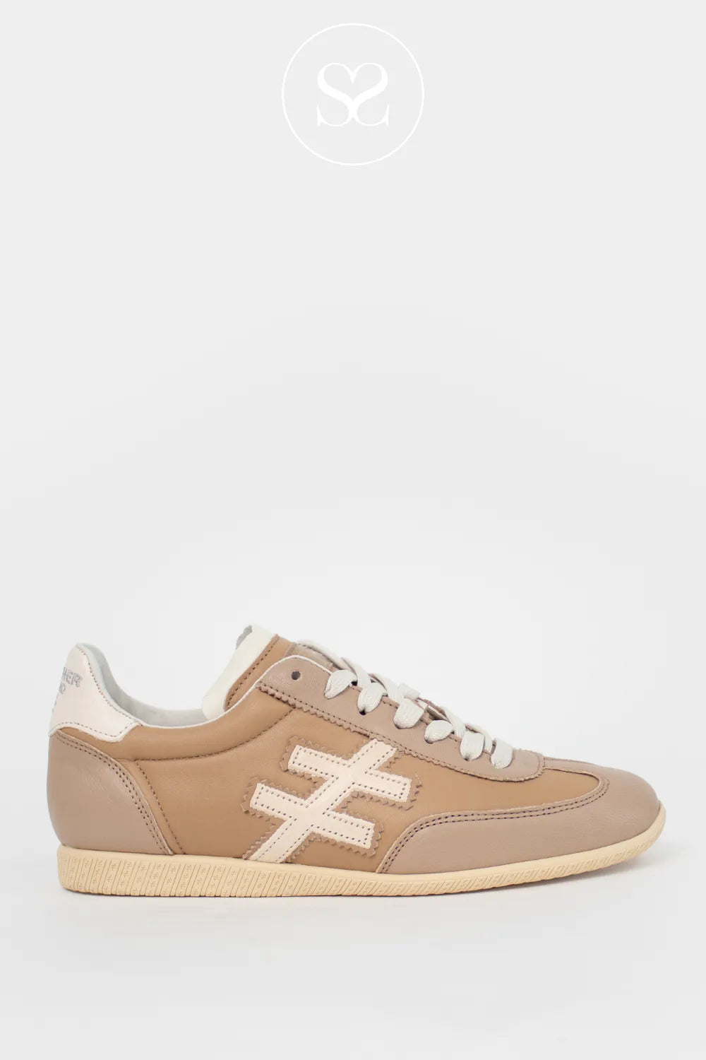 Another Trend camel leather lace up trainers. Retro style neutral sneakers with off white hashtag logo on the side.
