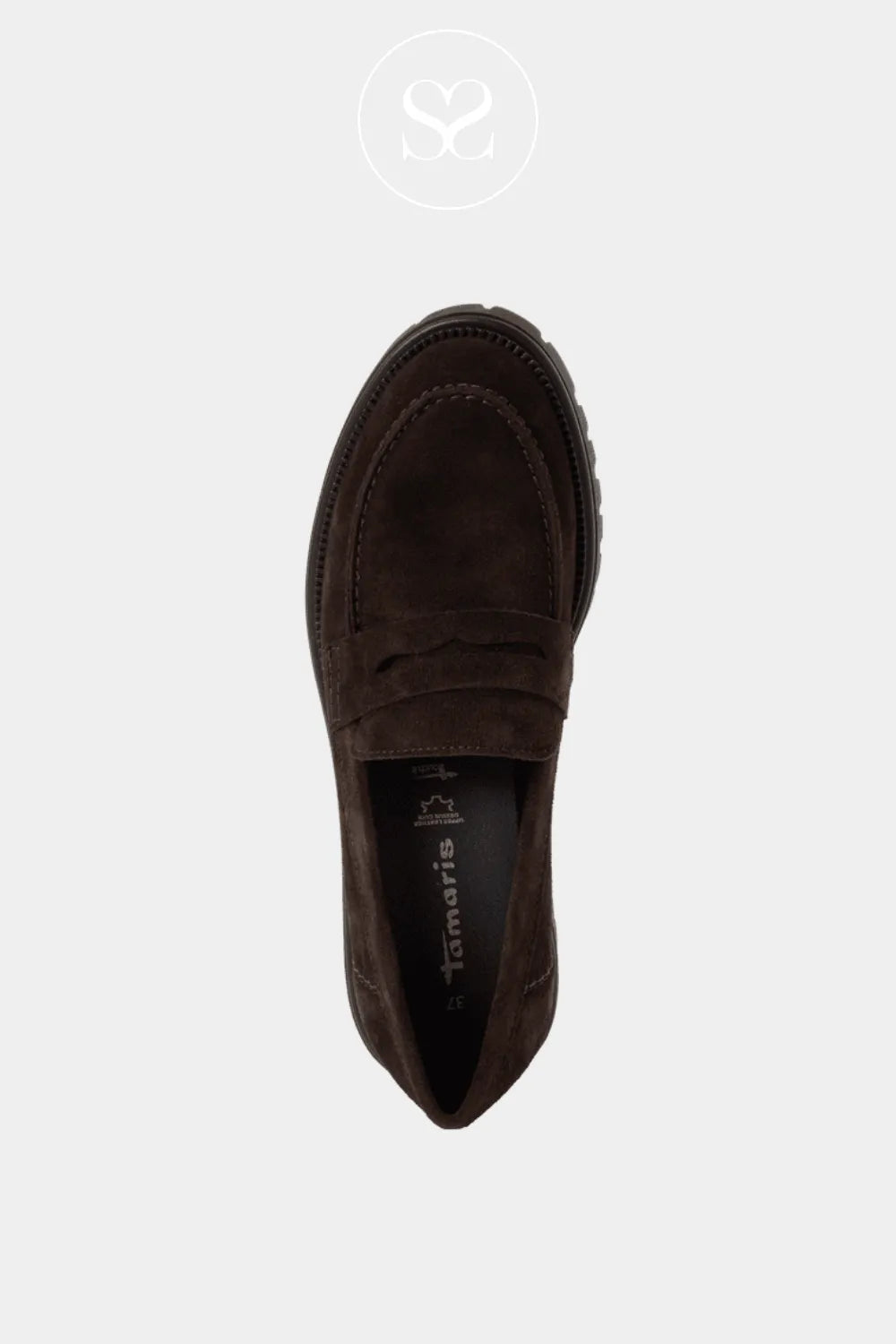 Chocolate brown loafers with black chunky sole.