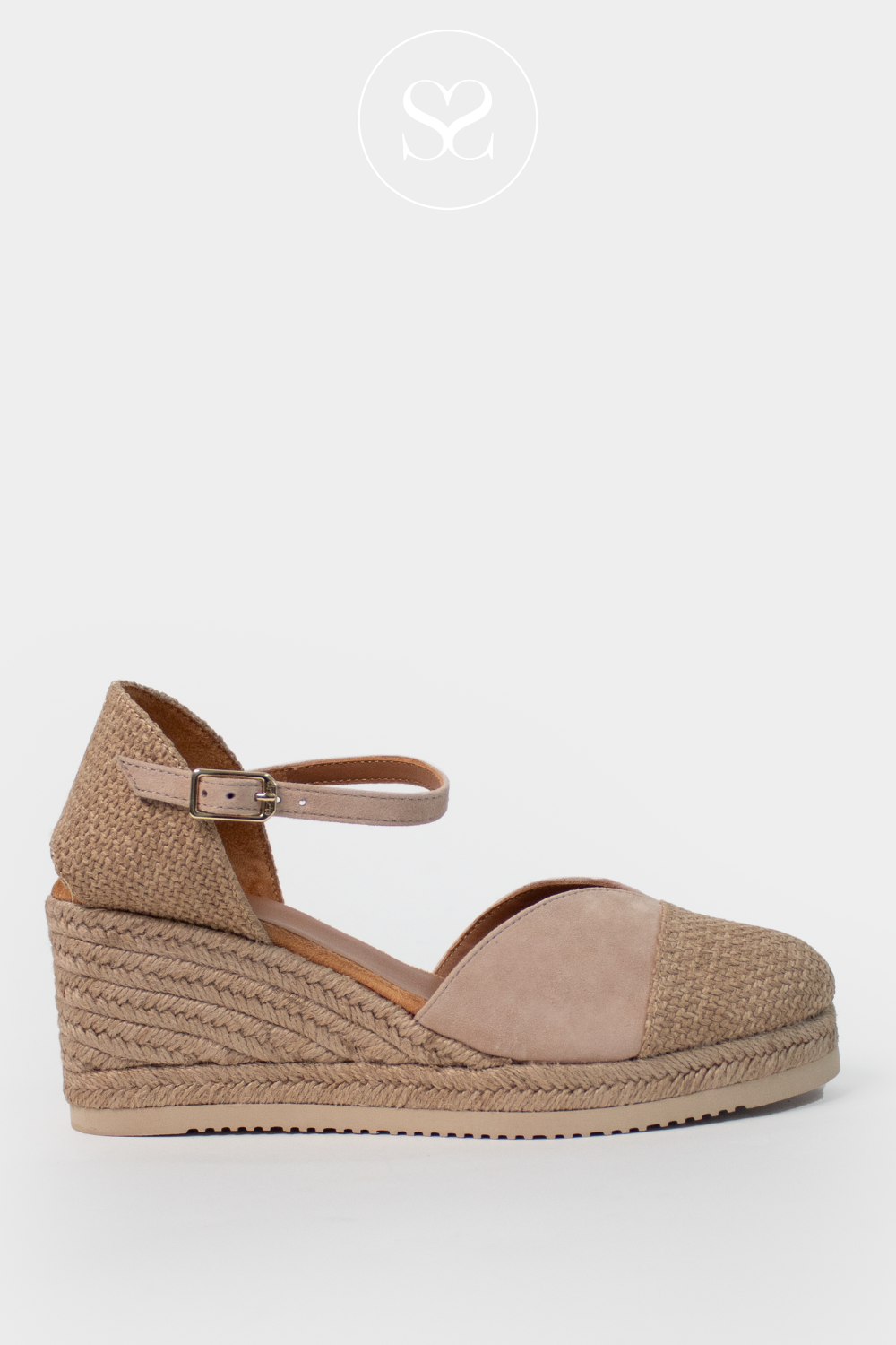 Unisa cech taupe suede wedge espadrille shoes with adjustable ankle strap. Woven toe with leather footbed. Elevated sole with platform sole.