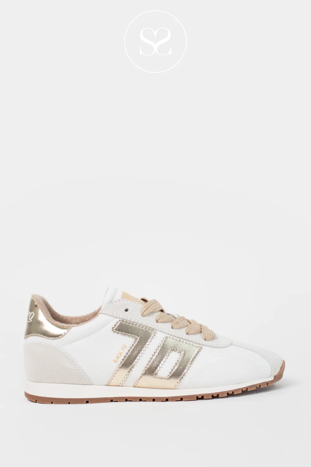 Back 70 white leather with gold 70 logo. Retro trainer with beige laces