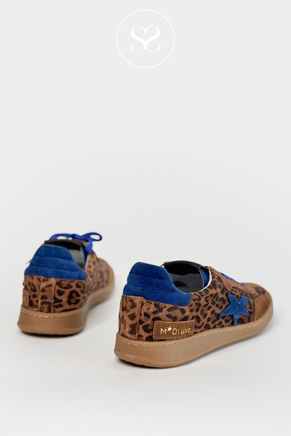 meline low profile sneakers for women with blue heelcap and laces and leopard print trim