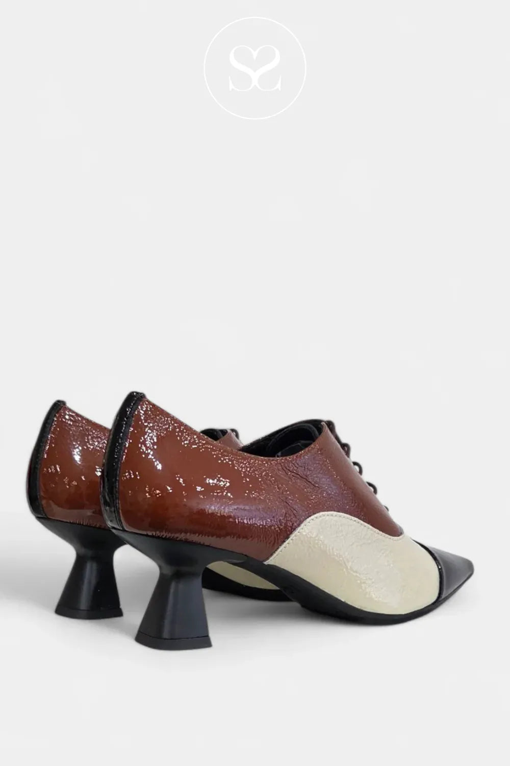 Lodi Brown, Cream & Black Patent Heeled Shoes Ireland - KAL5576