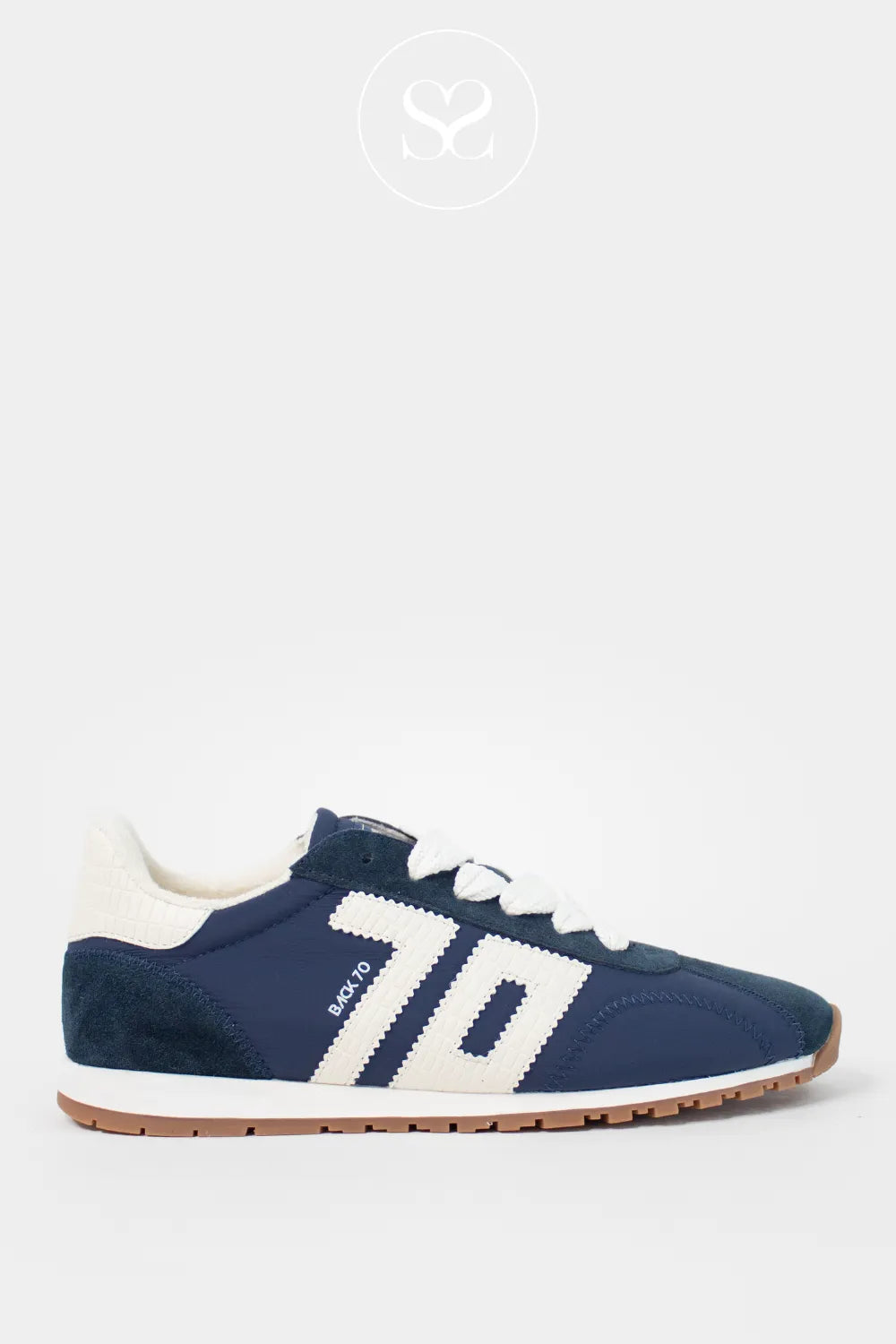 Back 70 Asian navy retro trainers with white laces and logo