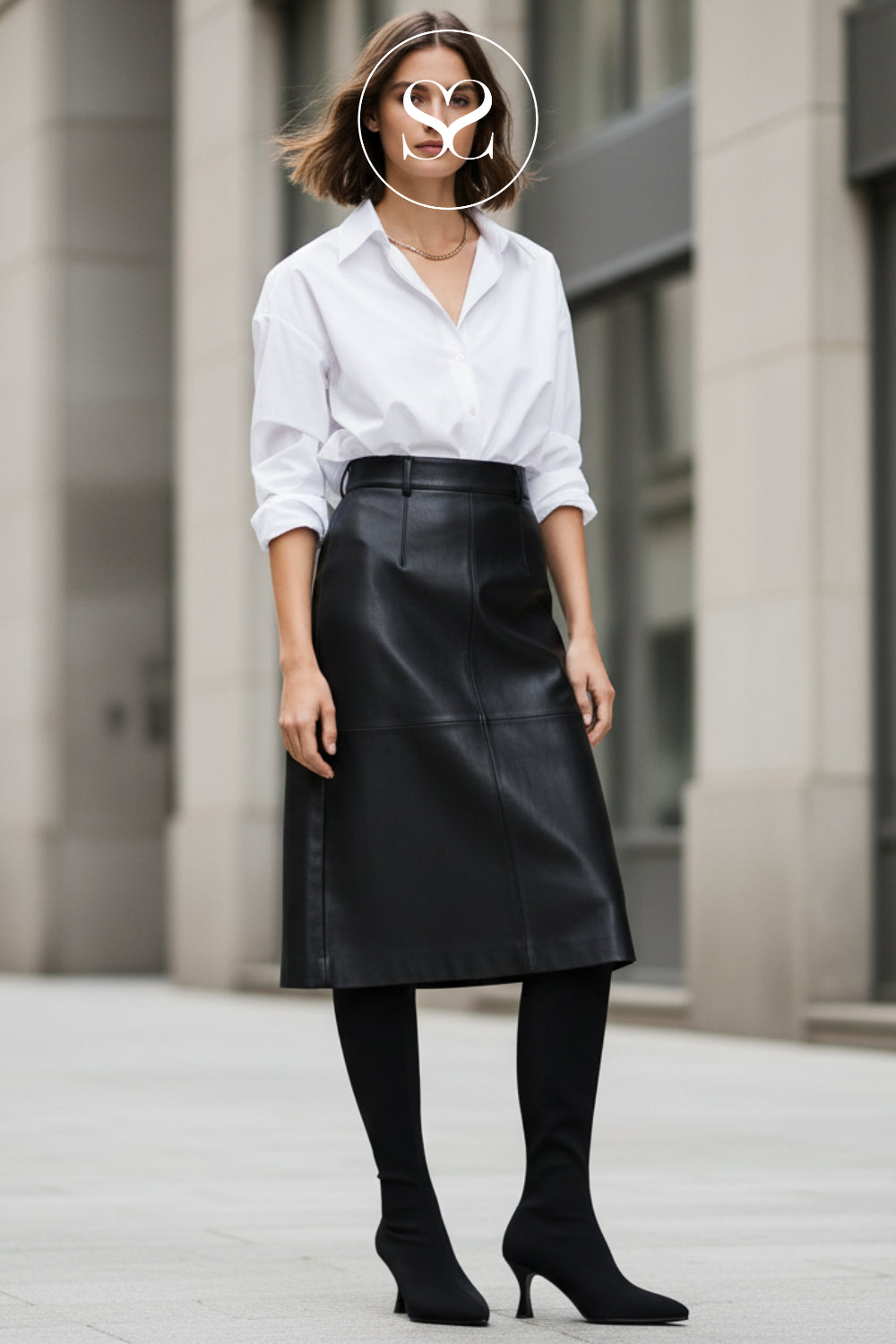 Woman wearing Miss Elastic Black Suede Knee High Sock Boots - 78041