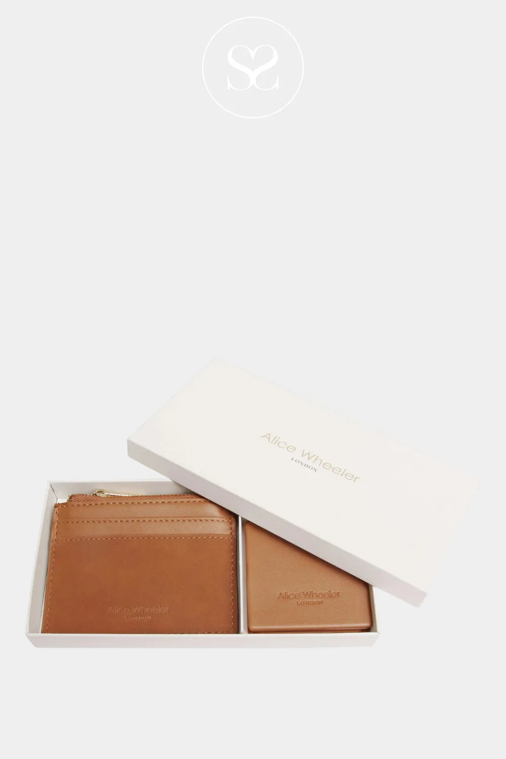 ALICE WHEELER TAN VEGAN LEATHER COIN PURSE AND MIRROR GIFT SET FOR WOMEN