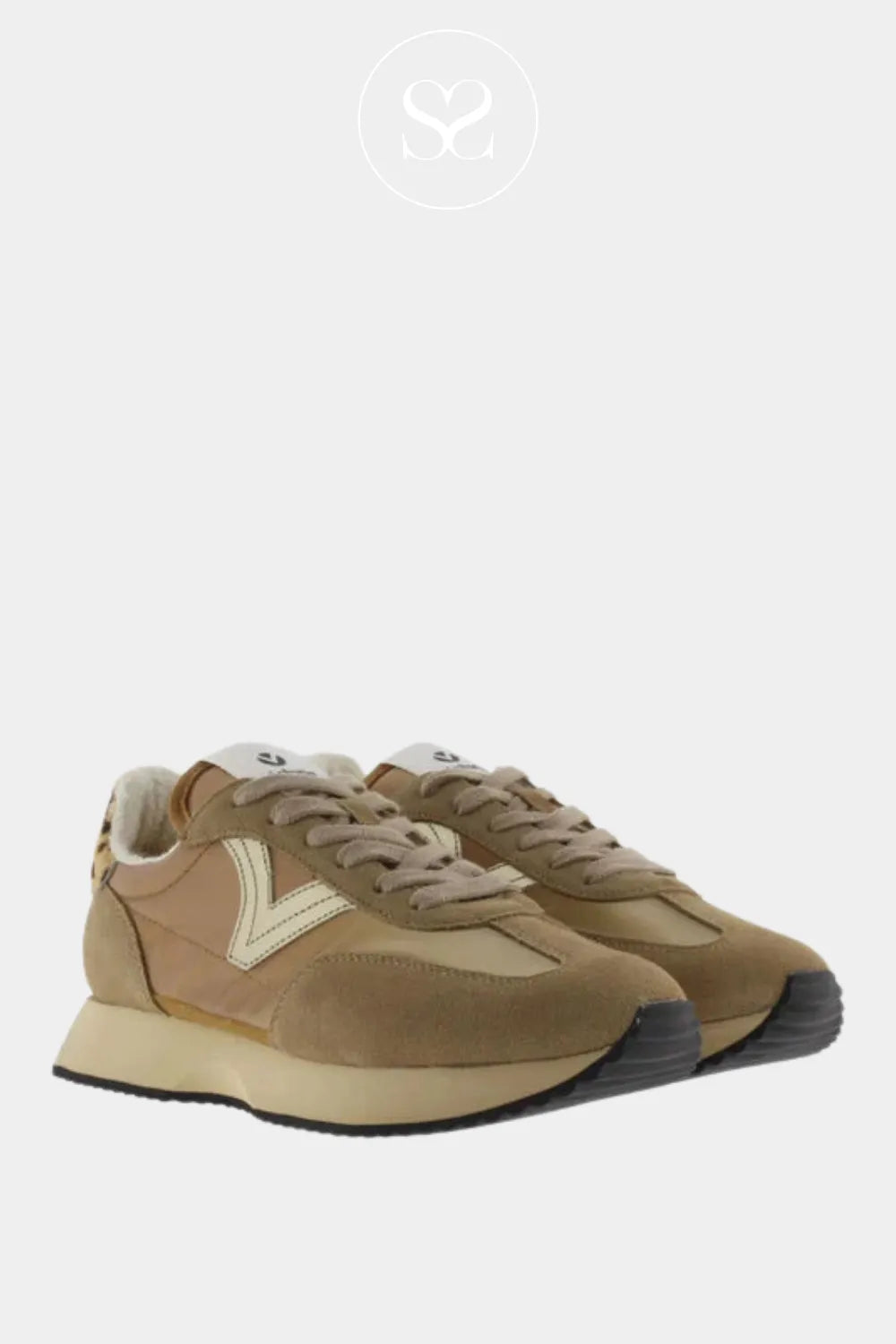 VICTORIA CAMEL LIGHTWEIGHT TRAINERS FOR WOMEN 1134111 LACE UP TRAINERS WITH SLIGHT PLATFORM SOLE AND SUEDE HEEL AND TOE CAP