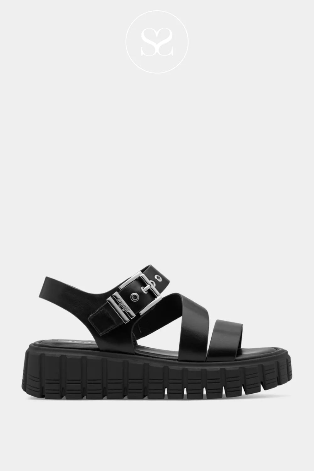 Tamaris black chunky sandals with adjustabe thick ankle strap with silver eyelets and wedge platform sole.