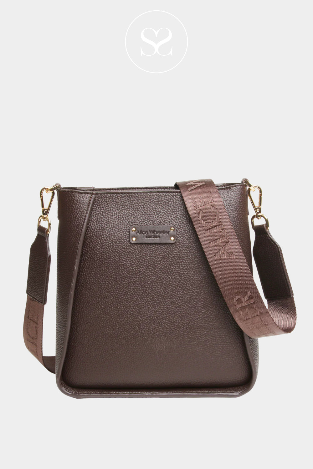 ALICE WHEELER CHOCOLATE BROWN HANDBAG WITH ADJUSTABLE BRANDED STRAP