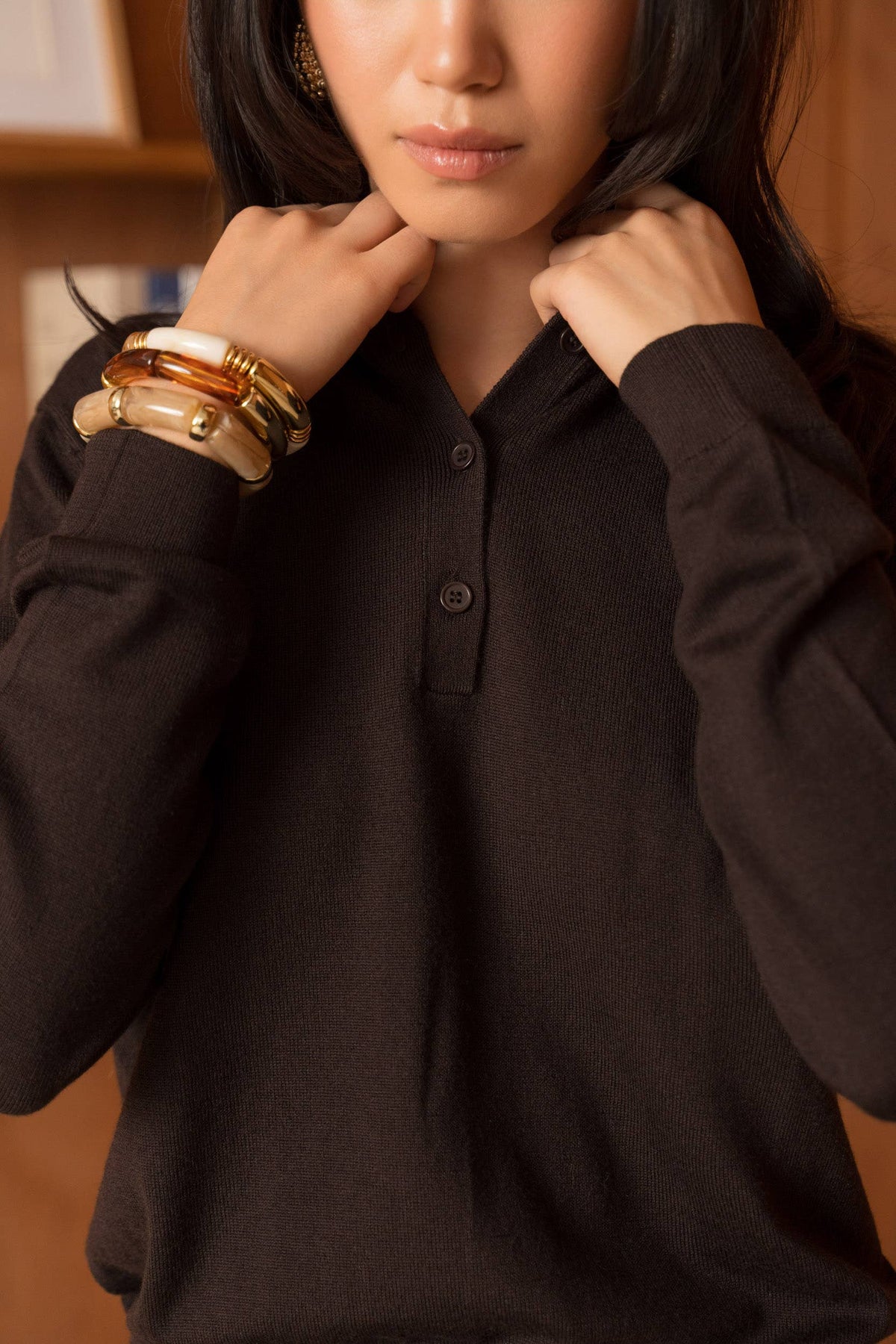 Brown Merino Wool Long Sleeve Polo - ME202616L