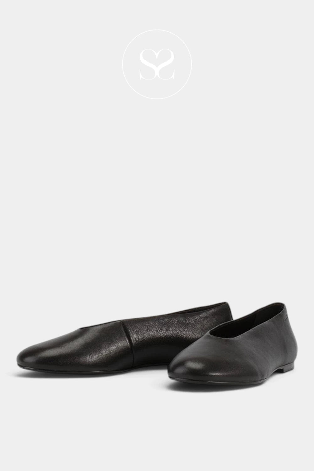 A pair of black leather ballet flats with pointed toes, displayed on a light gray background with a faint brand logo at the top.