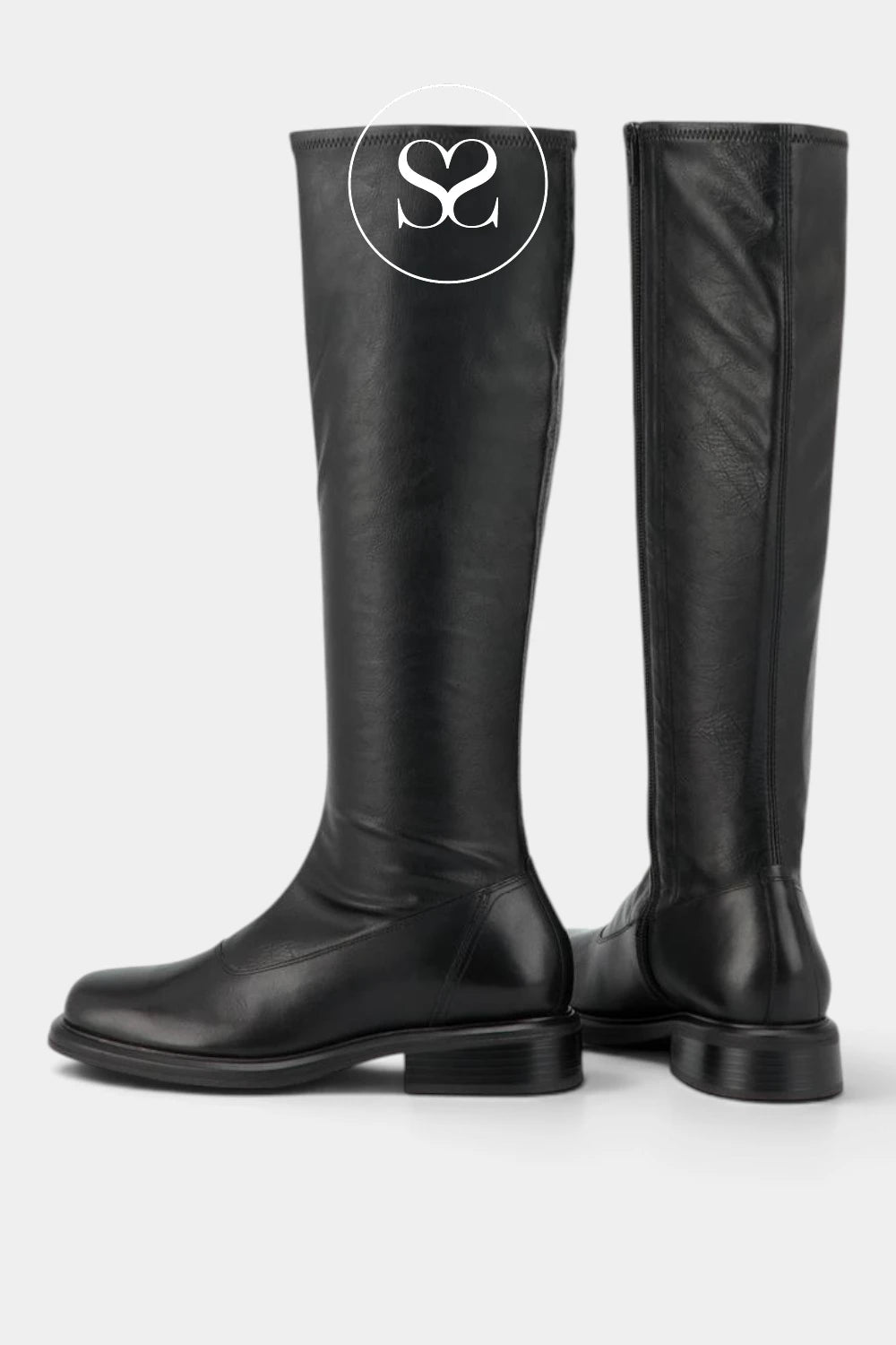 A pair of black leather knee-high riding boots shown from the side