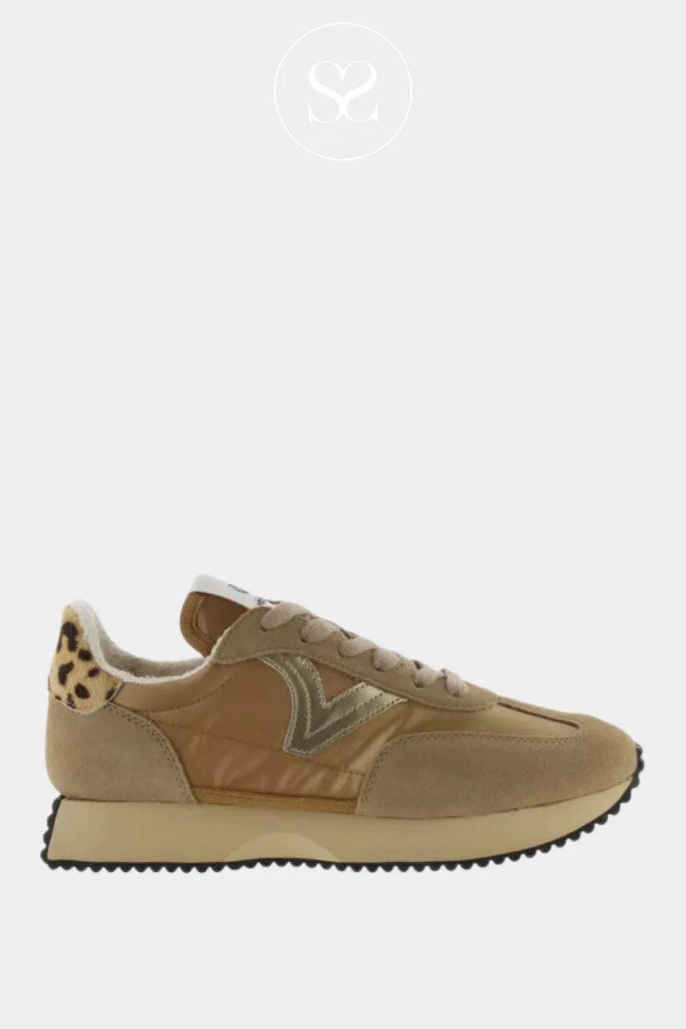 VICTORIA CAMEL LIGHTWEIGHT TRAINERS FOR WOMEN 1134111 SPORTY STYLE TRAINERS WITH TAUPE SUEDE TOE CAP AND TRENDY LEOPARD PRINT HEEL
