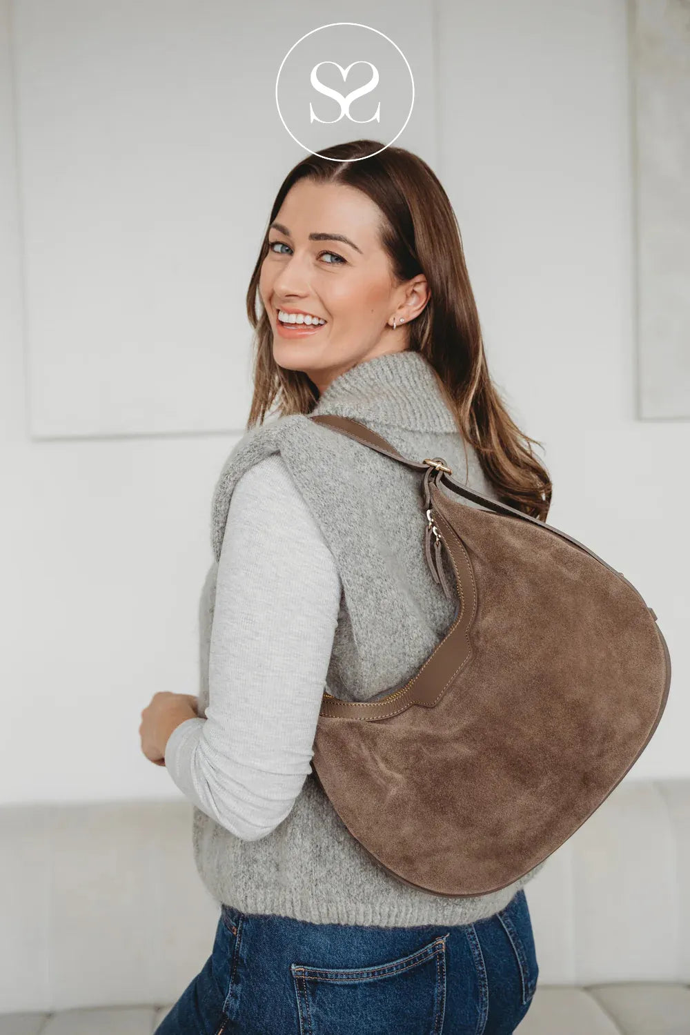 ELIE BEAUMONT TAUPE SUEDE SHOULDER HANDBAG CRESCENT