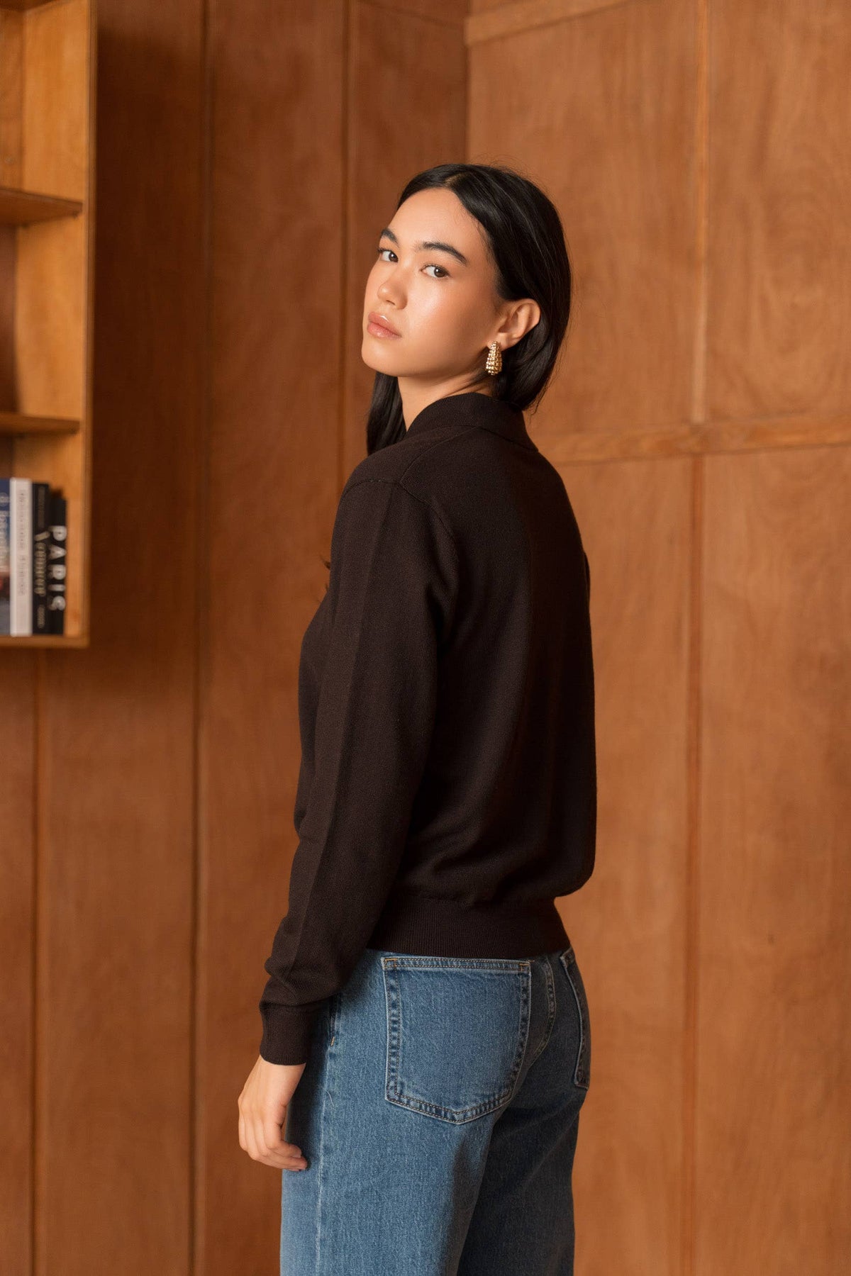 Brown Merino Wool Long Sleeve Polo - ME202616L