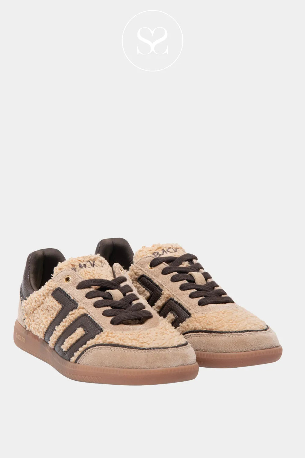 BACK70 BROWN AND BEIGE TEDDY LOW PROFILE TRAINERS FOR WOMEN-CLOUD Flexible rubber sole with a height of 1.5 cm at the toe and 2.5 cm at the heel for comfortable walking and Cotton laces for a classic look
