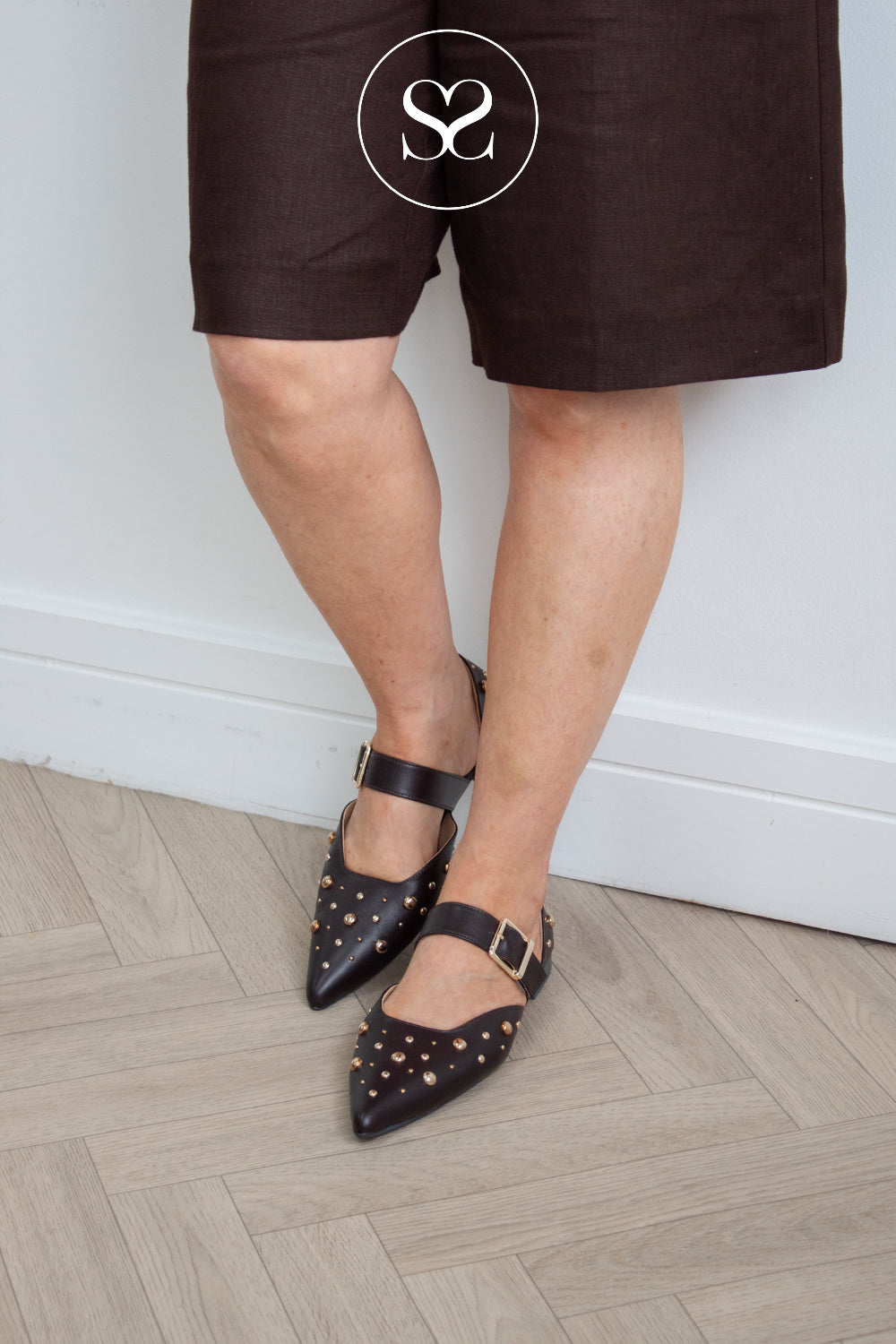 Babouche Chocolate Brown Studded Mary-Jane Flats - Ally for Women in Ireland